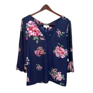 Anthropologie Skies Are Blue Floral Blouse Top Blue Size XL Cottage Romantic
